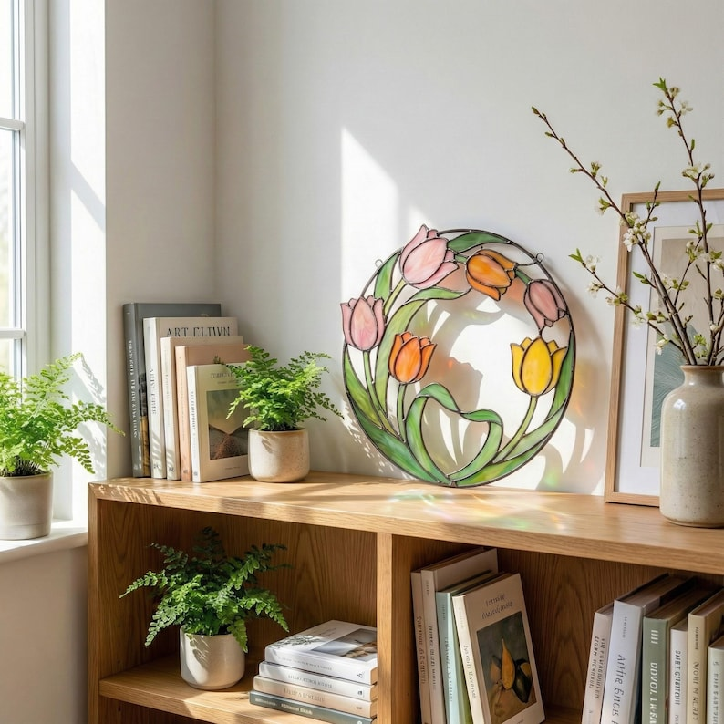 Pink Tulip Stained Glass Window Hanging