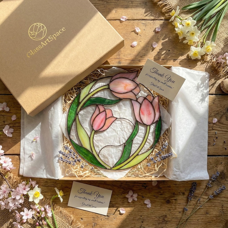 Pink Tulip Stained Glass Window Hanging