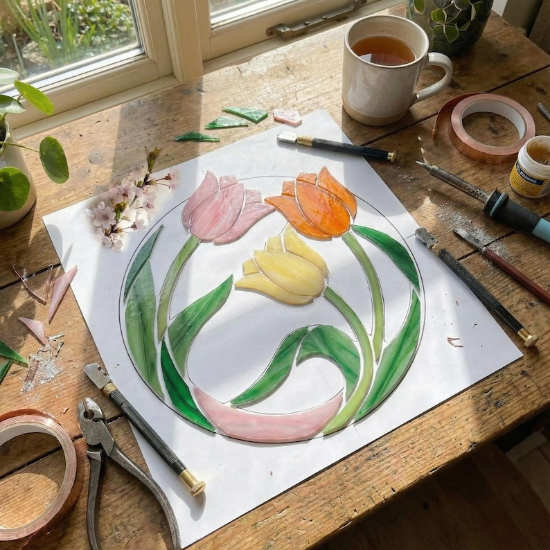 Pink Tulip Stained Glass Window Hanging