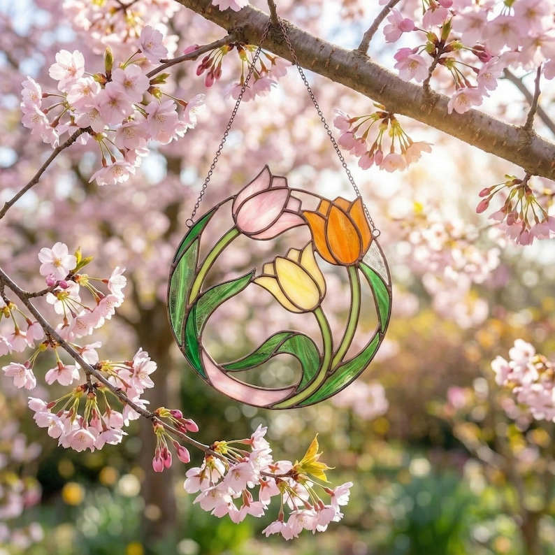 Pink Tulip Stained Glass Window Hanging
