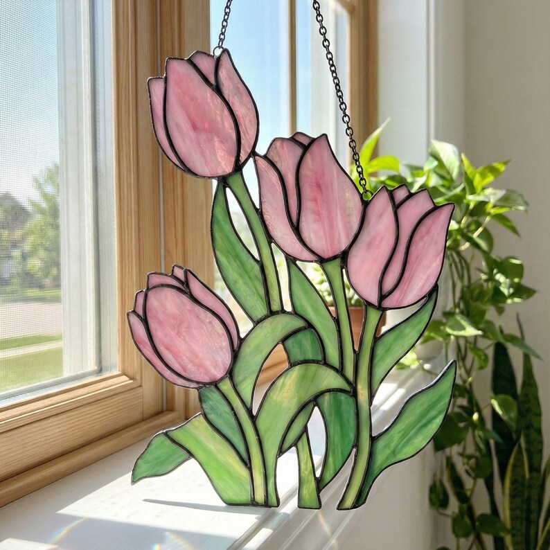Pink Tulip Stained Glass Window Hanging