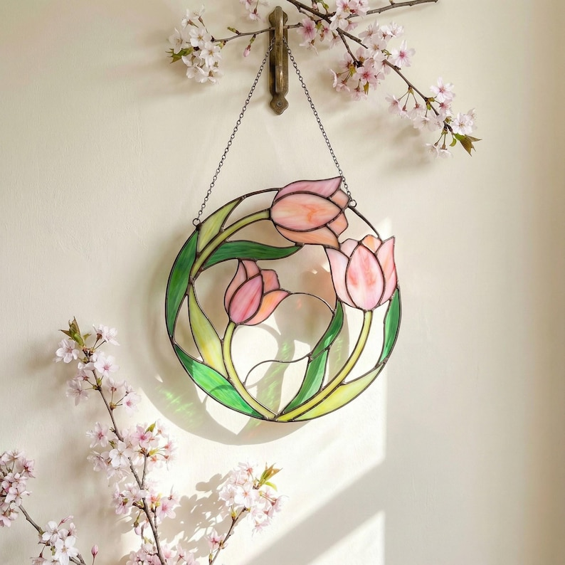 Pink Tulip Stained Glass Window Hanging