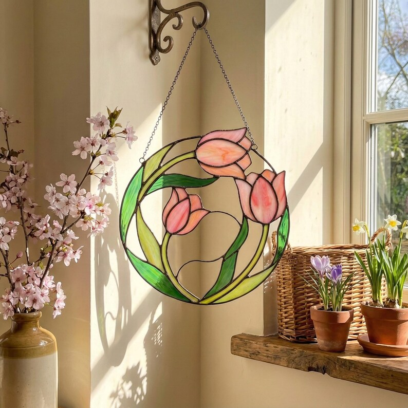 Pink Tulip Stained Glass Window Hanging