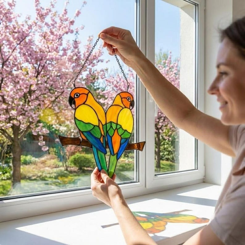 Colorful Parrot Lovebirds Stained Glass Art