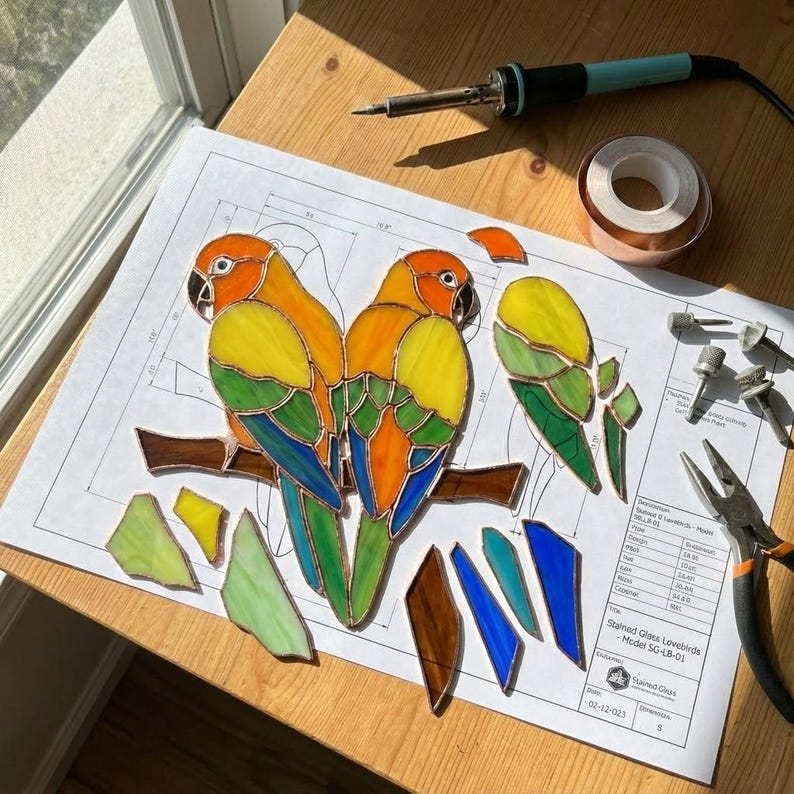 Colorful Parrot Lovebirds Stained Glass Art