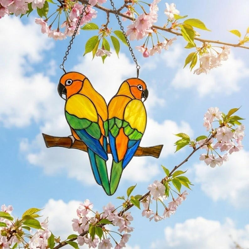 Colorful Parrot Lovebirds Stained Glass Art