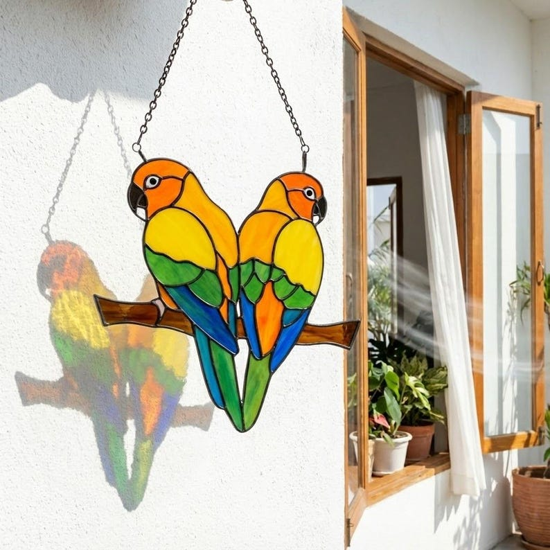 Colorful Parrot Lovebirds Stained Glass Art