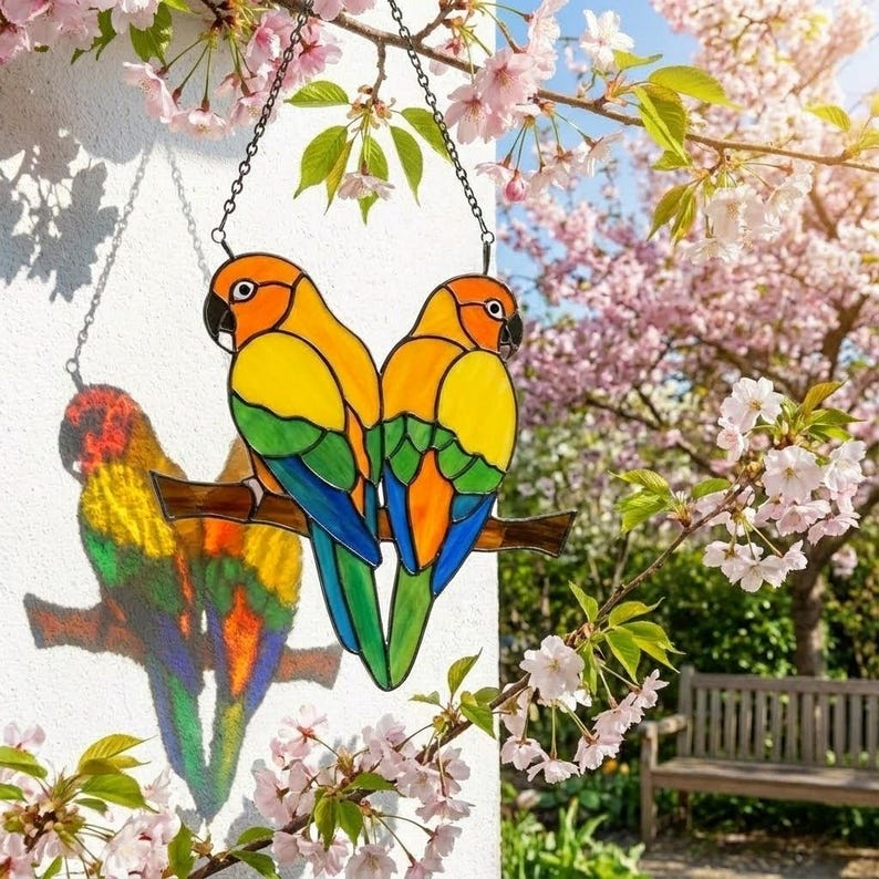 Colorful Parrot Lovebirds Stained Glass Art