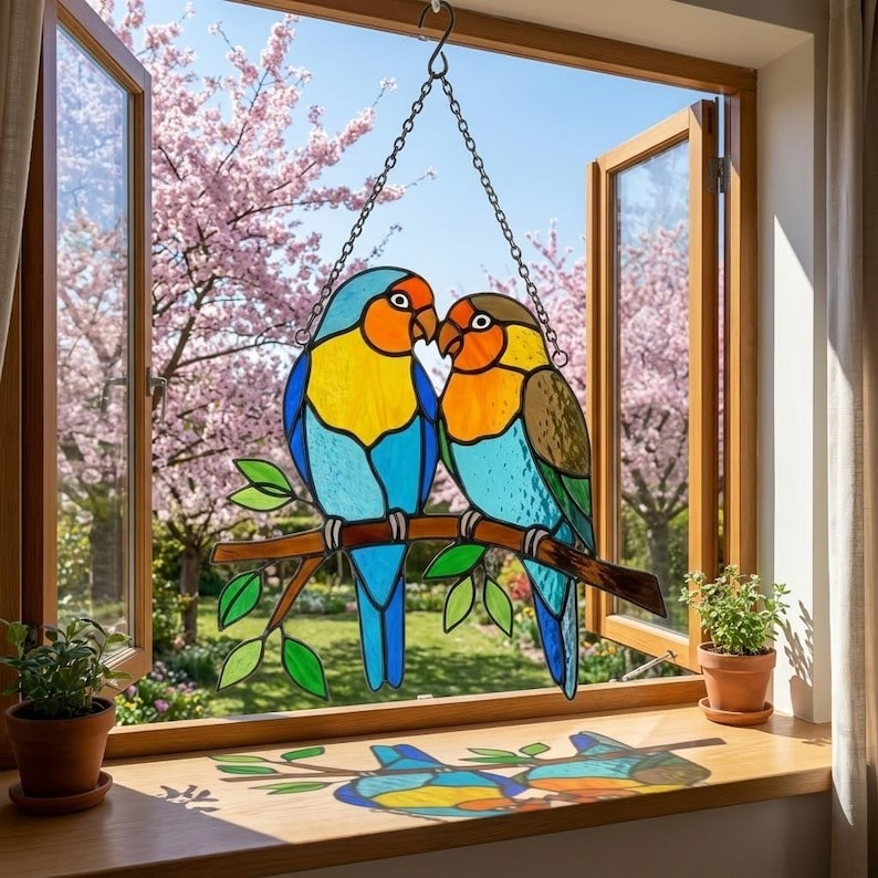 Stained Glass Lovebirds Suncatcher