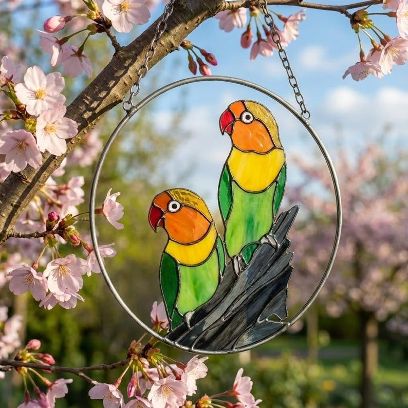 Colorful Parrot Pair Stained Glass Suncatcher