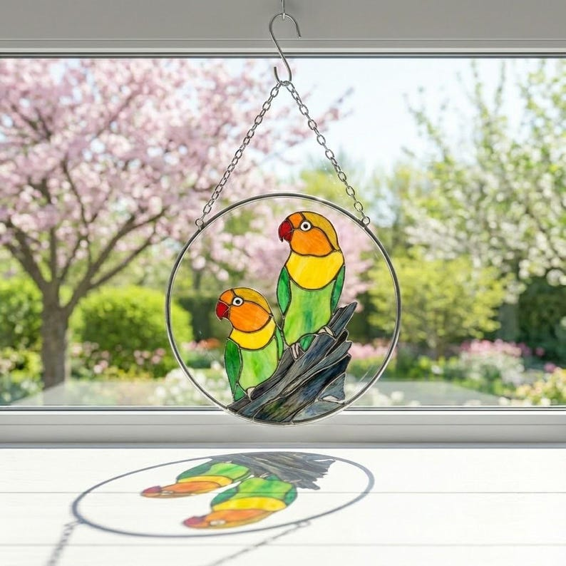 Colorful Parrot Pair Stained Glass Suncatcher