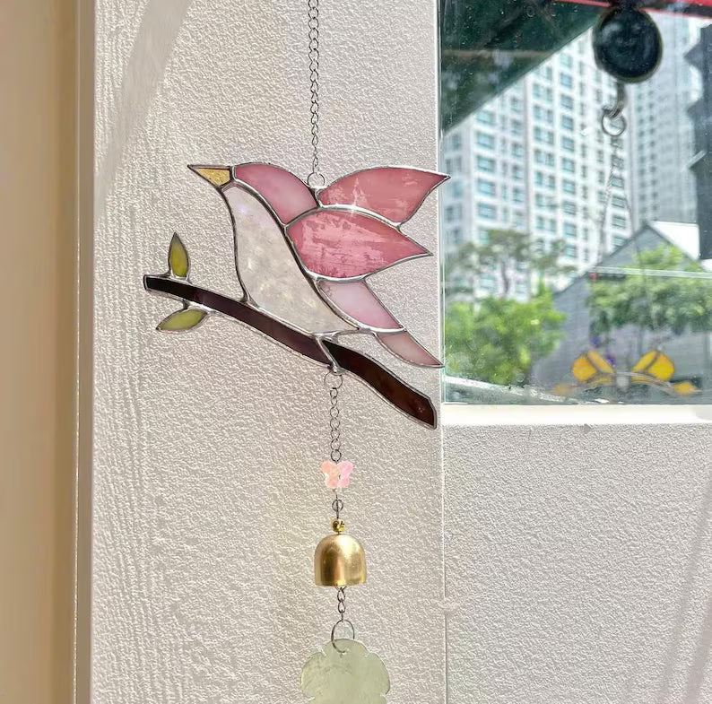 Stained Glass Pink Bird Suncatcher with Bell