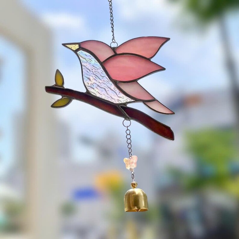 Stained Glass Pink Bird Suncatcher with Bell