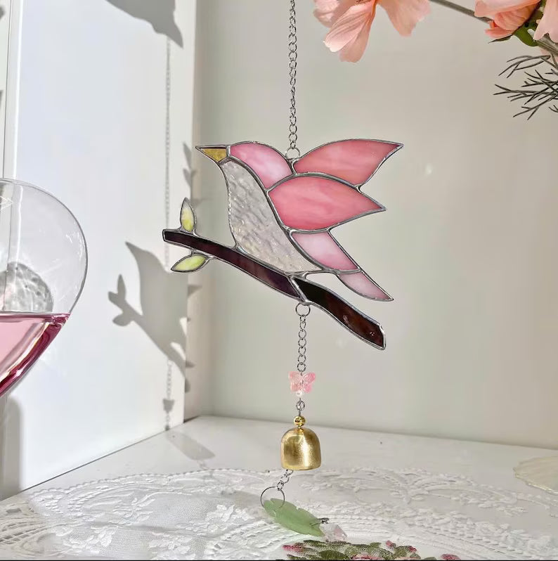 Stained Glass Pink Bird Suncatcher with Bell