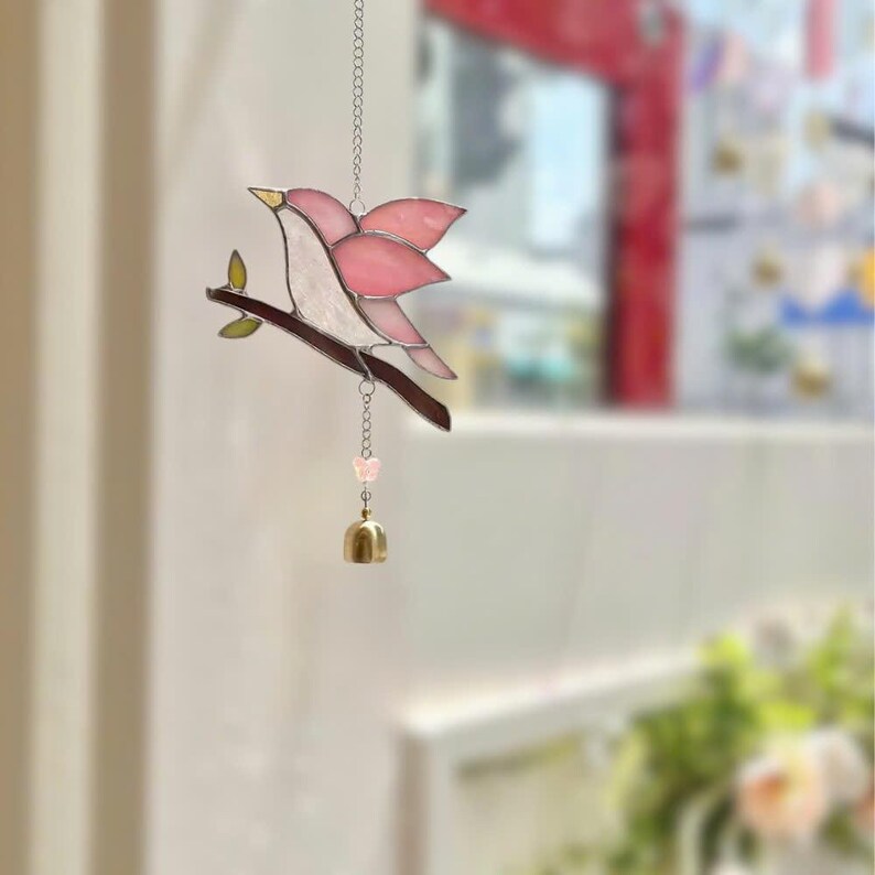 Stained Glass Pink Bird Suncatcher with Bell