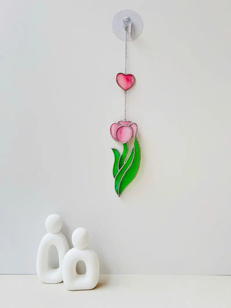 Tulip Heart Stained Glass Suncatcher