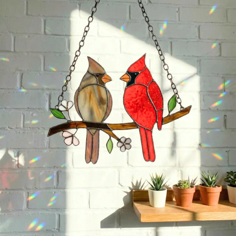 Stained Glass Cardinal Pair Suncatcher