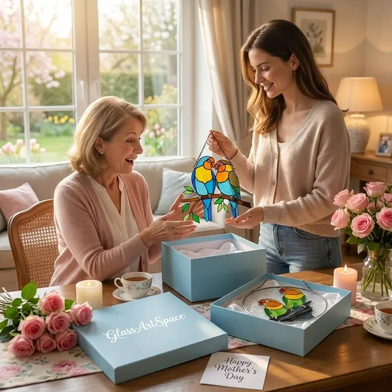 Stained Glass Lovebirds Suncatcher